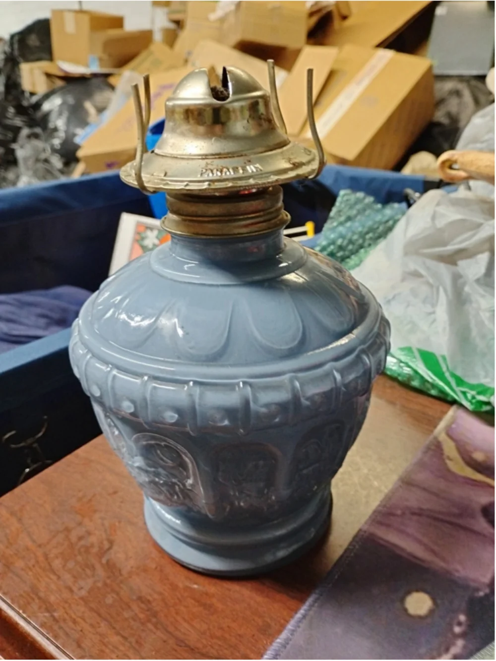 VTG 1988 Kaadan LTD Embossed Rose Bud Pale Blue Glass Paraffin/ Oil Lamp Base